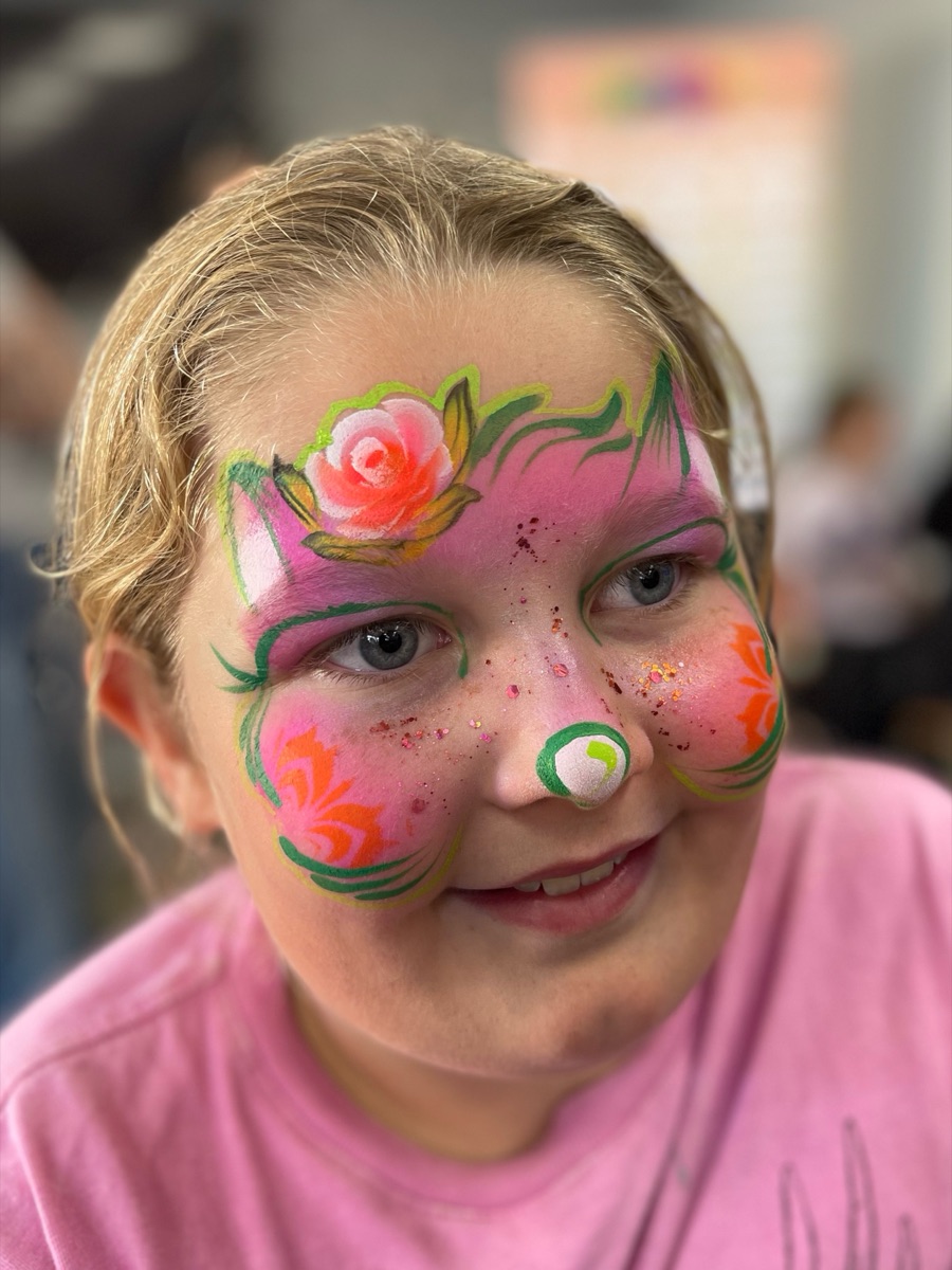 Pink floral cat mask with rose on forehead